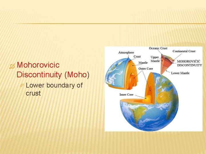  Mohorovicic Discontinuity (Moho) Lower crust boundary of 