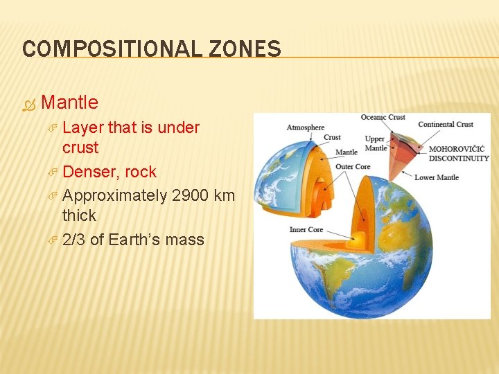 COMPOSITIONAL ZONES Mantle Layer that is under crust Denser, rock Approximately 2900 km thick