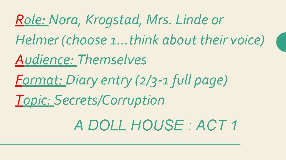 Role: Nora, Krogstad, Mrs. Linde or Helmer (choose 1…think about their voice) Audience: Themselves