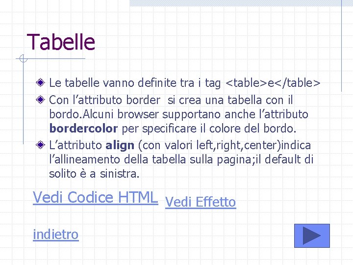 Tabelle Le tabelle vanno definite tra i tag <table>e</table> Con l’attributo border si crea