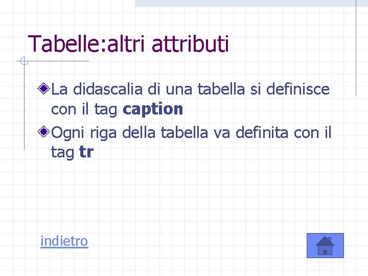 Tabelle: altri attributi La didascalia di una tabella si definisce con il tag caption