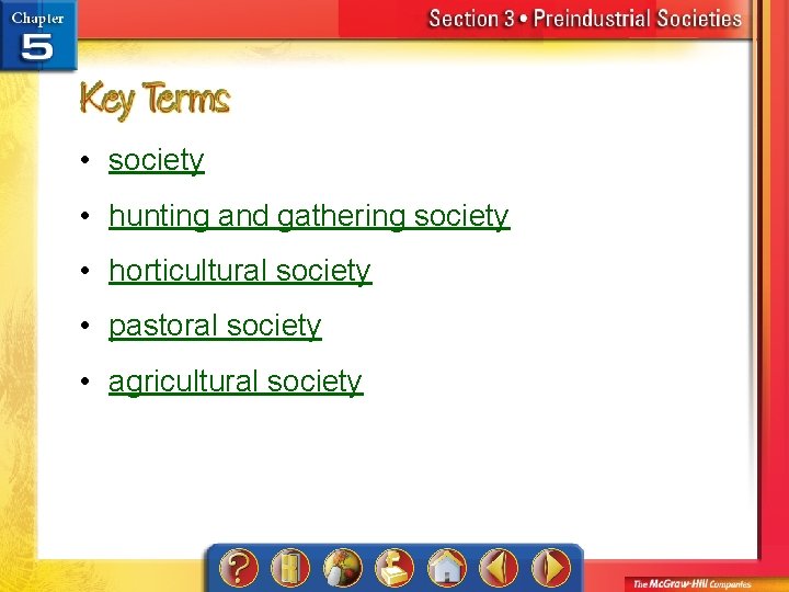  • society • hunting and gathering society • horticultural society • pastoral society