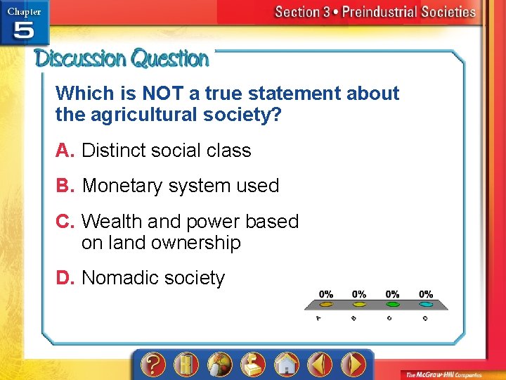 Which is NOT a true statement about the agricultural society? A. Distinct social class