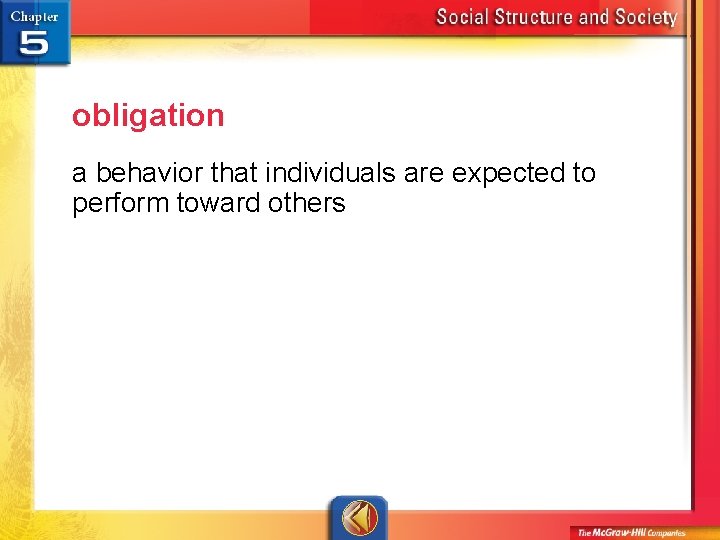 obligation a behavior that individuals are expected to perform toward others 