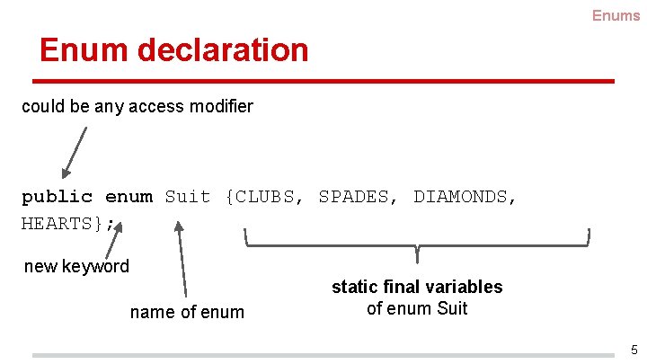 Enums Enum declaration could be any access modifier public enum Suit {CLUBS, SPADES, DIAMONDS,