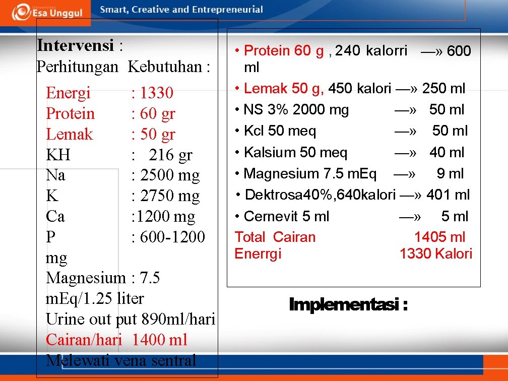 Intervensi : Perhitungan Kebutuhan : : 1330 Energi : 60 gr Protein : 50