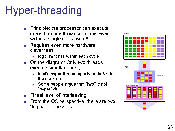 Hyper-threading n n Principle: the processor can execute more than one thread at a