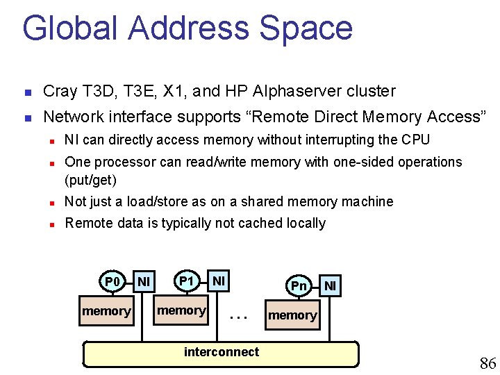 Global Address Space n Cray T 3 D, T 3 E, X 1, and