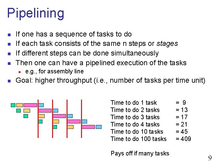 Pipelining n n If one has a sequence of tasks to do If each