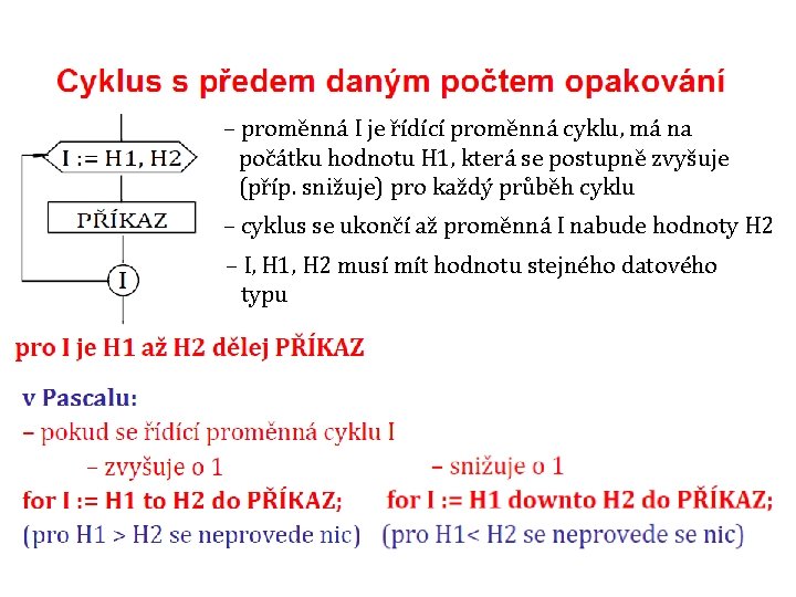 – proměnná I je řídící proměnná cyklu, má na počátku hodnotu H 1, která