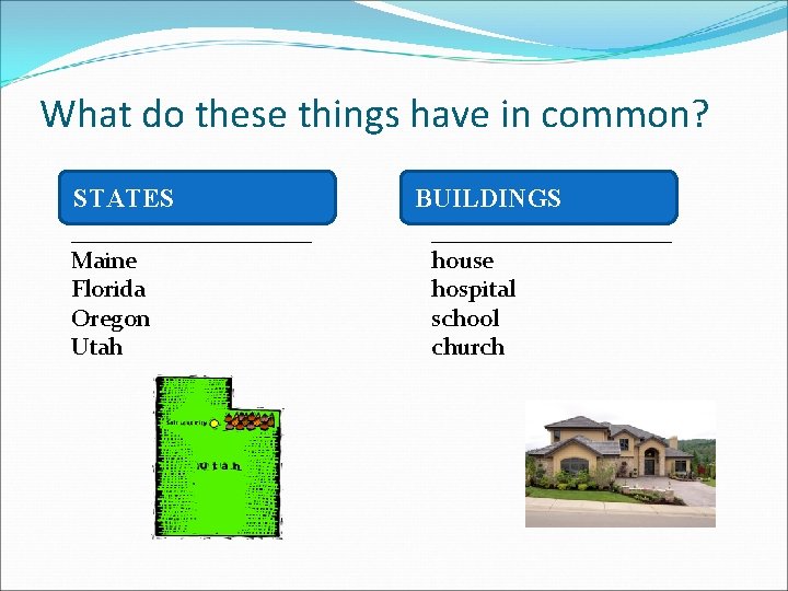 What do these things have in common? STATES __________ Maine Florida Oregon Utah BUILDINGS