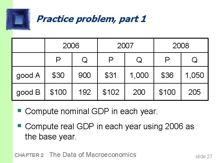 Practice problem, part 1 2006 2007 2008 P Q P Q good A $30