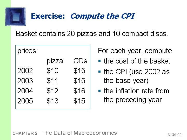 Exercise: Compute the CPI Basket contains 20 pizzas and 10 compact discs. prices: 2002