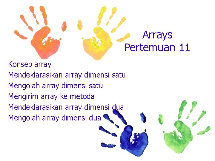 Arrays Pertemuan 11 Konsep array Mendeklarasikan array dimensi satu Mengolah array dimensi satu Mengirim