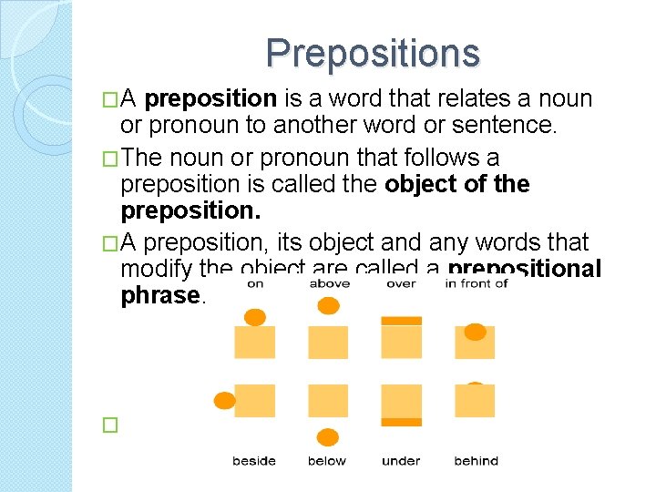 Prepositions �A preposition is a word that relates a noun or pronoun to another