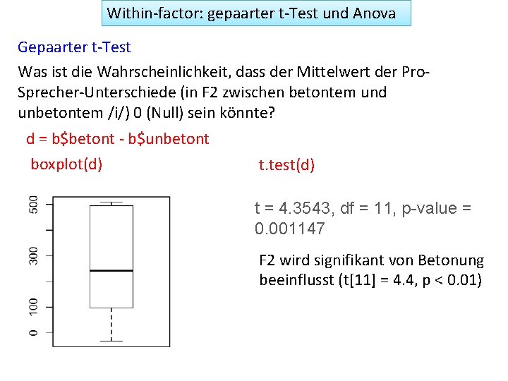 Within-factor: gepaarter t-Test und Anova Gepaarter t-Test Was ist die Wahrscheinlichkeit, dass der Mittelwert