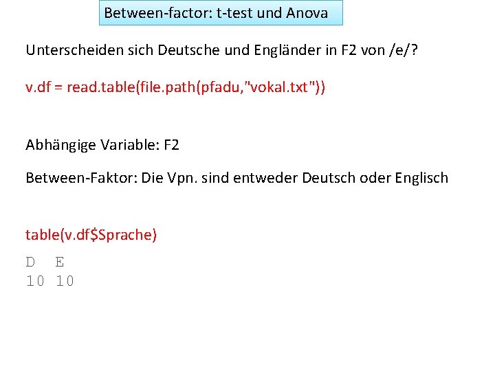 Between-factor: t-test und Anova Unterscheiden sich Deutsche und Engländer in F 2 von /e/?