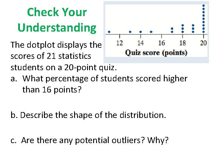 Check Your Understanding The dotplot displays the scores of 21 statistics students on a