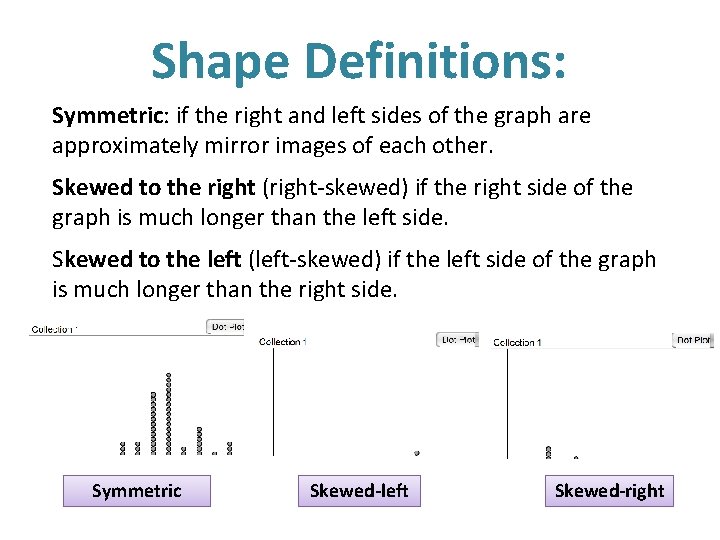 Shape Definitions: Symmetric: if the right and left sides of the graph are approximately