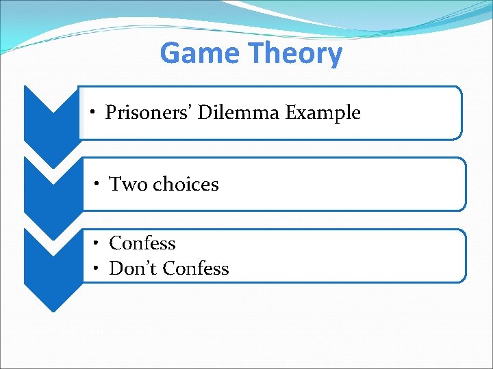 Game Theory • Prisoners’ Dilemma Example • Two choices • Confess • Don’t Confess