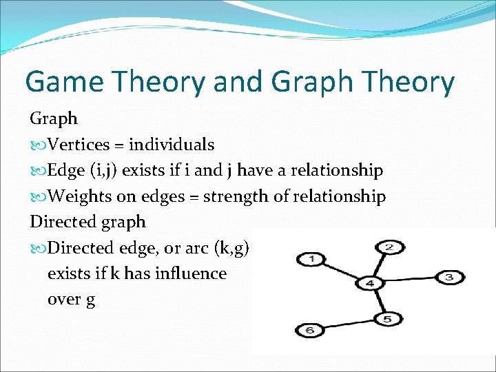 Game Theory and Graph Theory Graph Vertices = individuals Edge (i, j) exists if