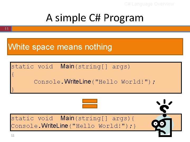 C# Language Overview A simple C# Program 11 White space means nothing static void C# Language Overview A simple C# Program 11 White space means nothing static void