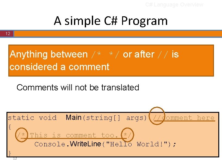 C# Language Overview A simple C# Program 12 Anything between /* */ or after C# Language Overview A simple C# Program 12 Anything between /* */ or after