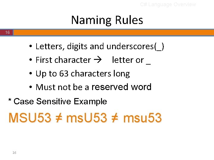 C# Language Overview Naming Rules 16 • • Letters, digits and underscores(_) First character C# Language Overview Naming Rules 16 • • Letters, digits and underscores(_) First character