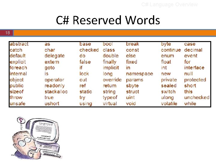 C# Language Overview C# Reserved Words 18 18 C# Language Overview C# Reserved Words 18 18
