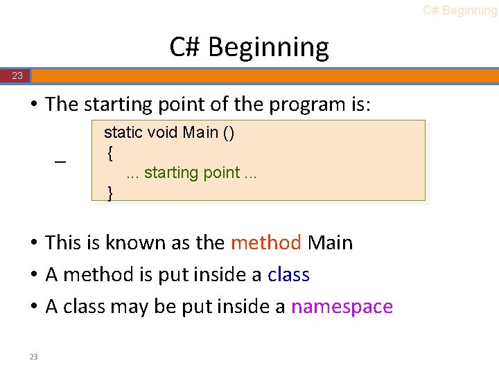C# Beginning 23 • The starting point of the program is: – static void C# Beginning 23 • The starting point of the program is: – static void