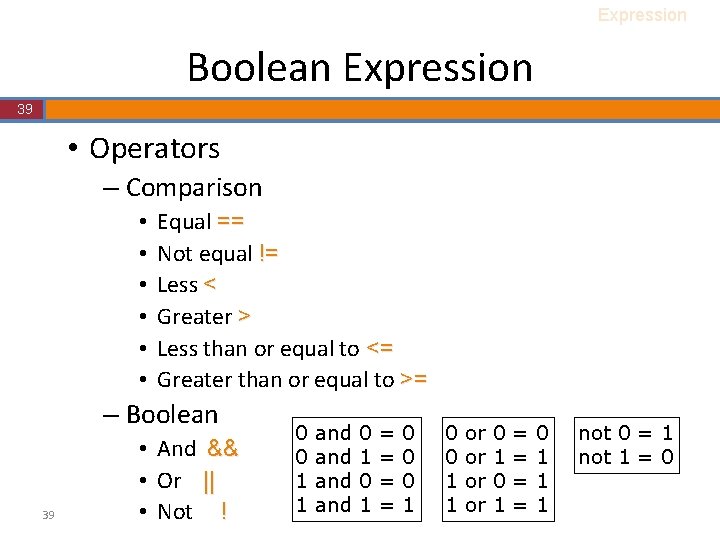 Expression Boolean Expression 39 • Operators – Comparison • • • Equal == Not Expression Boolean Expression 39 • Operators – Comparison • • • Equal == Not
