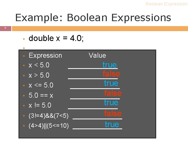 Boolean Expression Example: Boolean Expressions * * • double x = 4. 0; • Boolean Expression Example: Boolean Expressions * * • double x = 4. 0; •