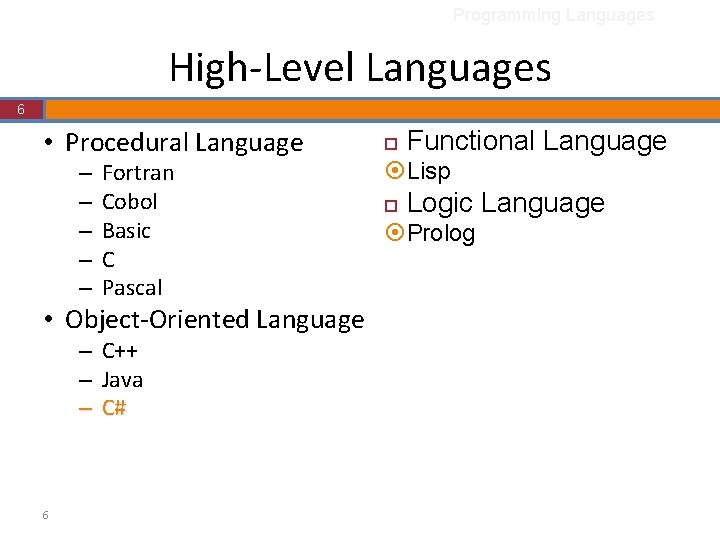 Programming Languages High-Level Languages 6 • Procedural Language – – – Fortran Cobol Basic Programming Languages High-Level Languages 6 • Procedural Language – – – Fortran Cobol Basic