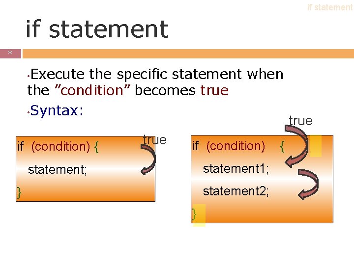 if statement * * Execute the specific statement when the ”condition” becomes true • if statement * * Execute the specific statement when the ”condition” becomes true •