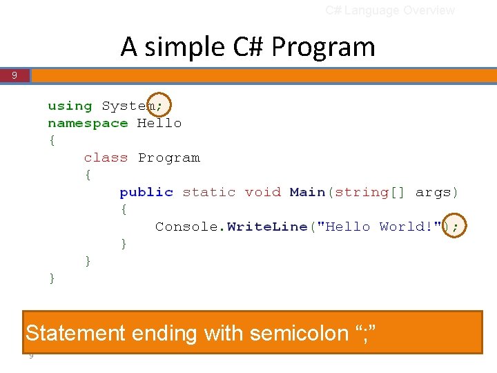 C# Language Overview A simple C# Program 9 Statement ending with semicolon “; ” C# Language Overview A simple C# Program 9 Statement ending with semicolon “; ”