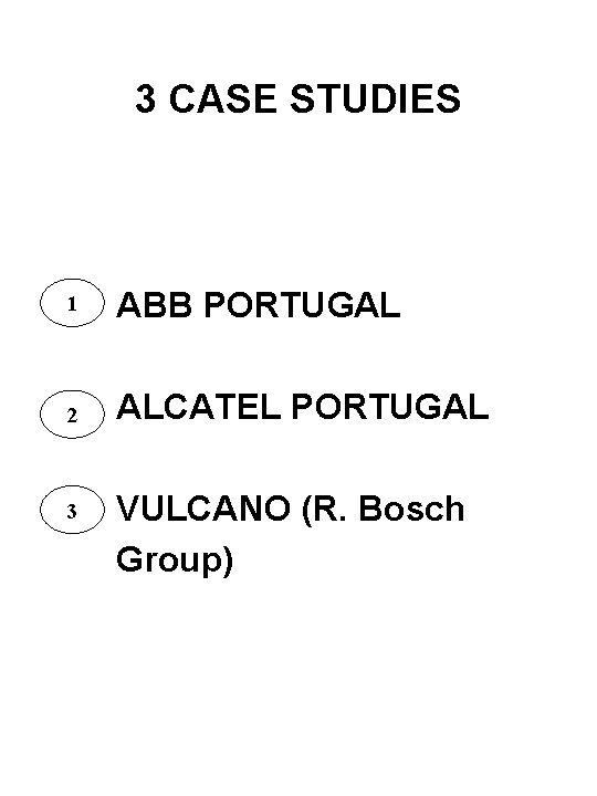 3 CASE STUDIES 1 ABB PORTUGAL 2 ALCATEL PORTUGAL 3 VULCANO (R. Bosch Group)