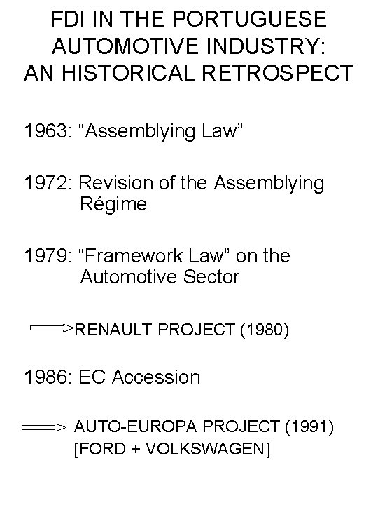 FDI IN THE PORTUGUESE AUTOMOTIVE INDUSTRY: AN HISTORICAL RETROSPECT 1963: “Assemblying Law” 1972: Revision