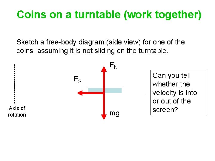 Coins on a turntable (work together) Sketch a free-body diagram (side view) for one Coins on a turntable (work together) Sketch a free-body diagram (side view) for one