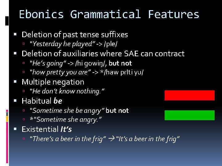 Ebonics Grammatical Features Deletion of past tense suffixes “Yesterday he played” -> /ple/ Deletion