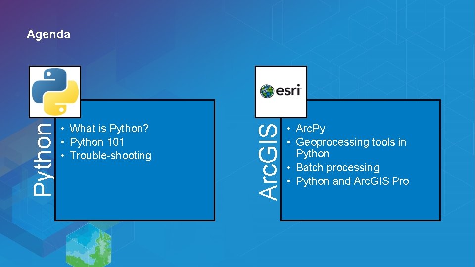 • What is Python? • Python 101 • Trouble-shooting Arc. GIS Python Agenda • What is Python? • Python 101 • Trouble-shooting Arc. GIS Python Agenda