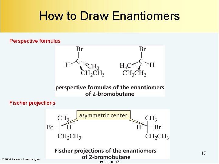 How to Draw Enantiomers Perspective formulas Fischer projections 17 © 2014 Pearson Education, Inc.