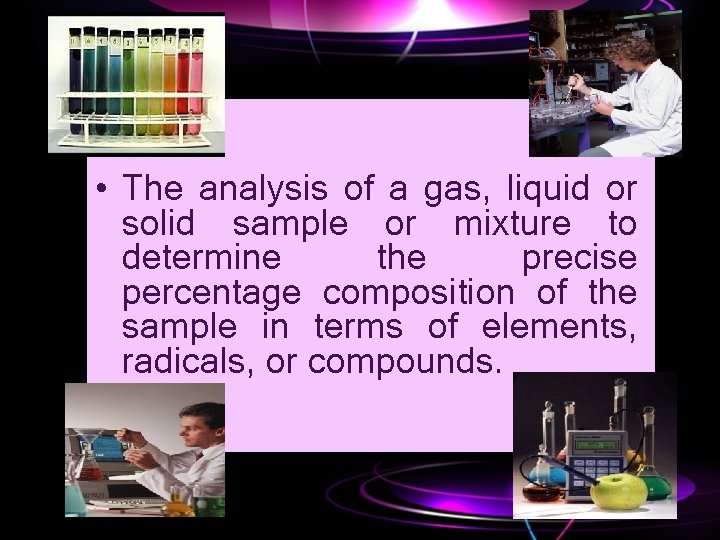  • The analysis of a gas, liquid or solid sample or mixture to