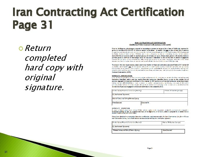 Iran Contracting Act Certification Page 31 R Return completed hard copy with original signature.