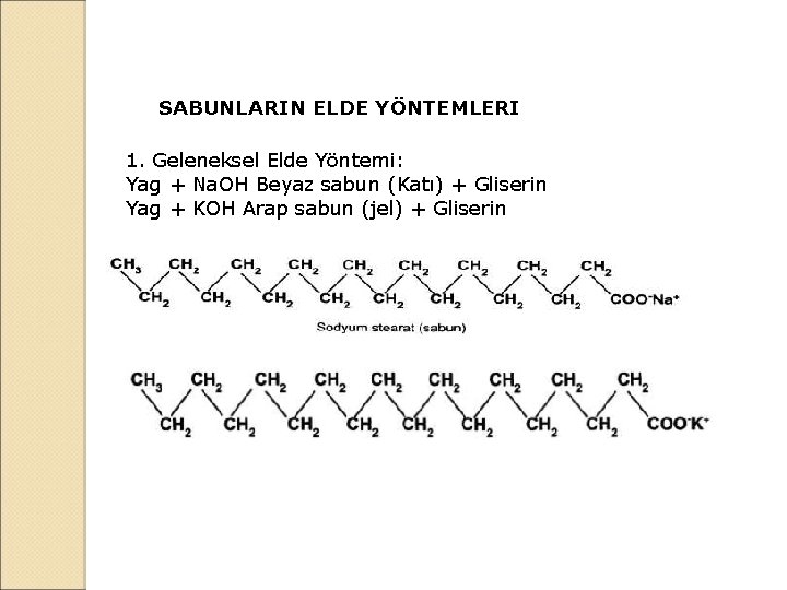 SABUNLARIN ELDE YÖNTEMLERI 1. Geleneksel Elde Yöntemi: Yag + Na. OH Beyaz sabun (Katı)