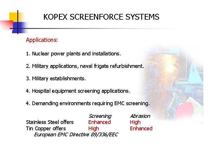 KOPEX SCREENFORCE SYSTEMS Applications: 1. Nuclear power plants and installations. 2. Military applications, naval
