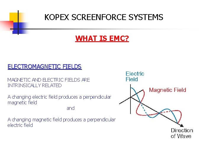 KOPEX SCREENFORCE SYSTEMS WHAT IS EMC? ELECTROMAGNETIC FIELDS MAGNETIC AND ELECTRIC FIELDS ARE INTRINSICALLY