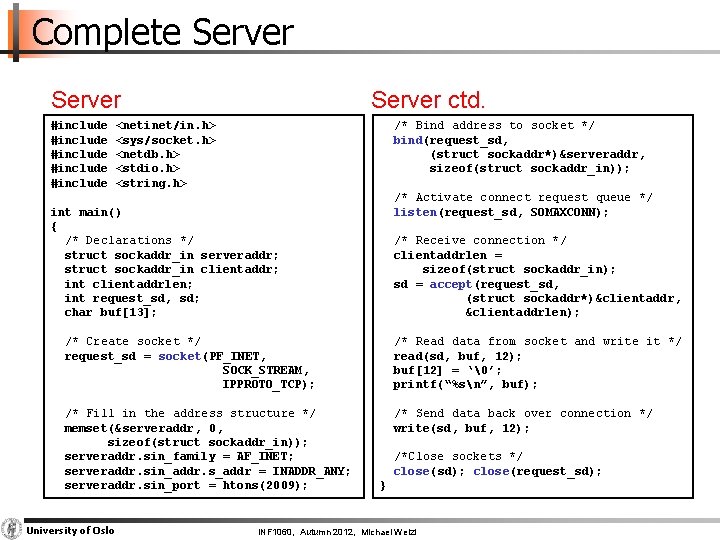 Complete Server #include #include Server ctd. <netinet/in. h> <sys/socket. h> <netdb. h> <stdio. h>