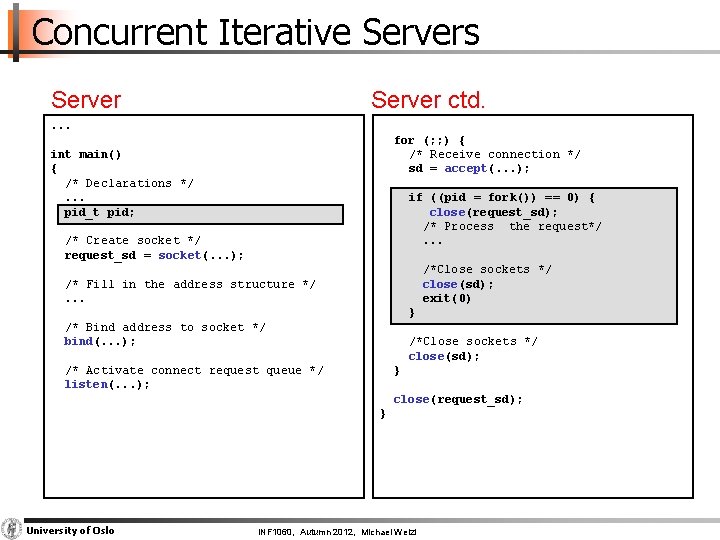 Concurrent Iterative Servers Server ctd. . for (; ; ) { /* Receive connection