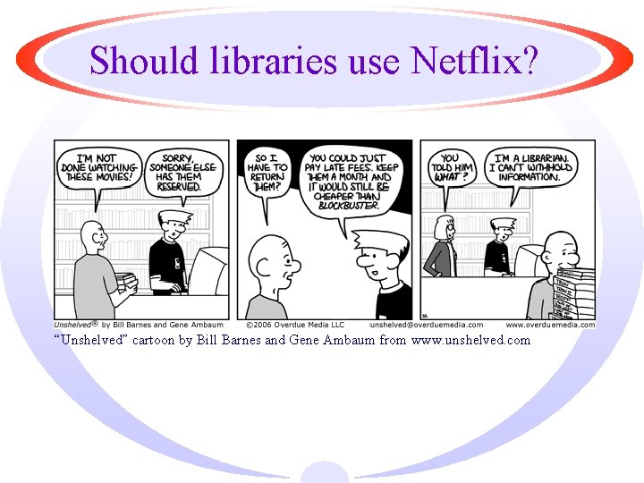 Should libraries use Netflix? “Unshelved” cartoon by Bill Barnes and Gene Ambaum from www.