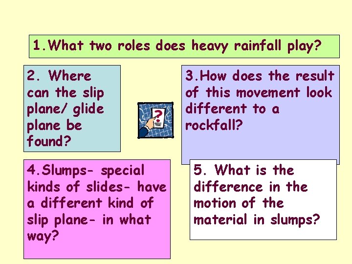 1. What two roles does heavy rainfall play? 2. Where can the slip plane/